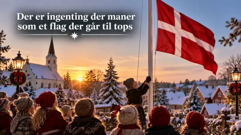 Dannebrog hejses til tops foran børn i en sneklædt dansk juleby