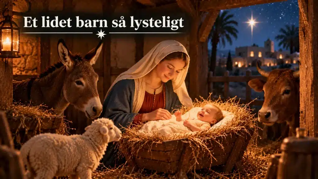 Det lille Jesusbarn ligger lysteligt i krybben sammen med Maria