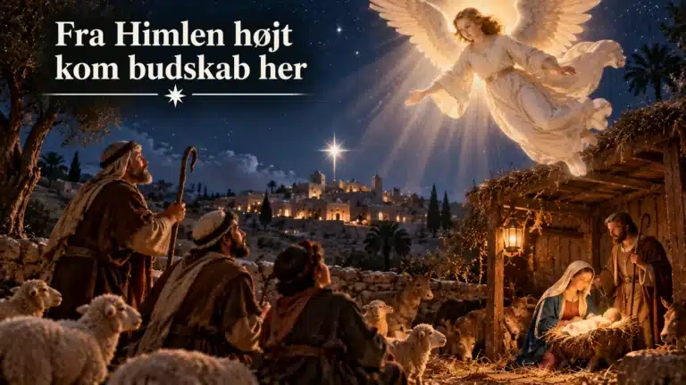 Engel bringer himlens budskab til hyrderne ved Jesusbarnets krybbe