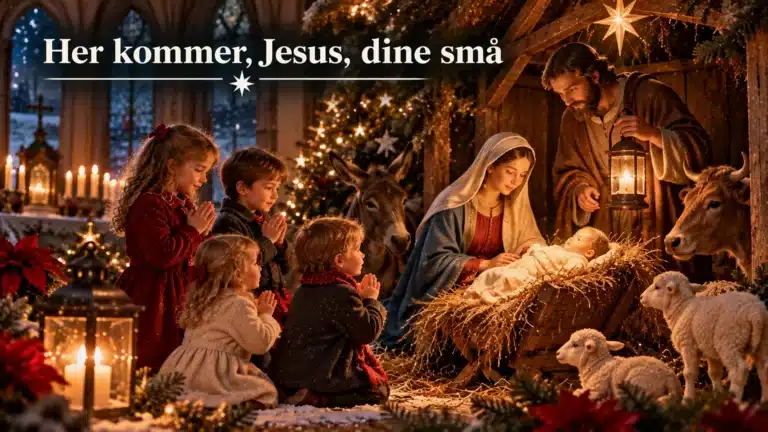 Børn samles omkring Jesusbarnet, Maria og Josef ved den varme julekrybbe