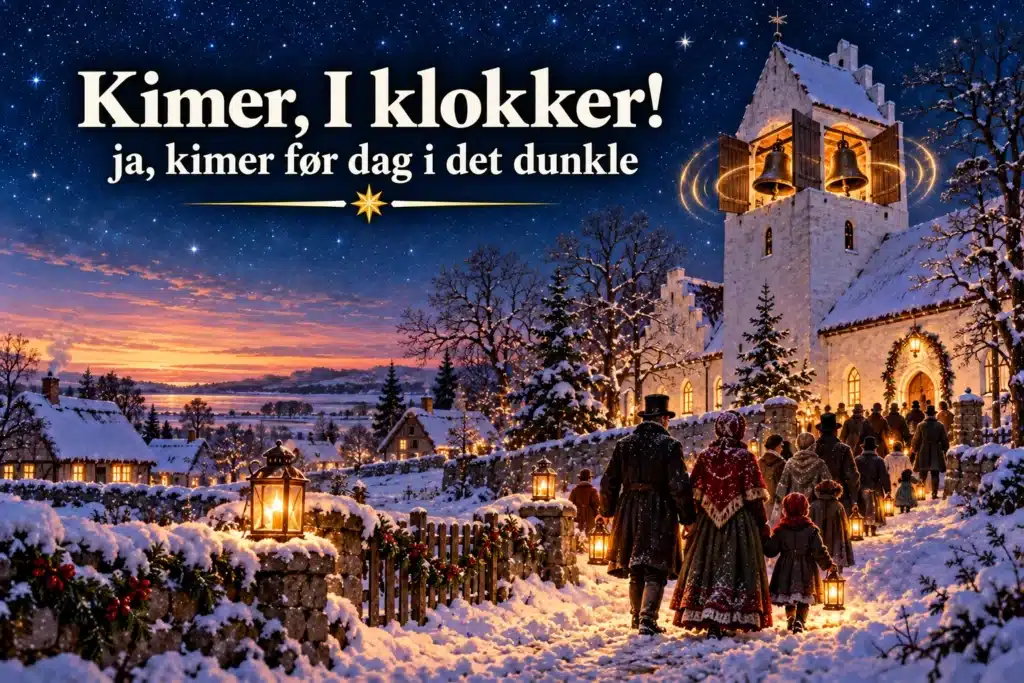 Kimer, I klokker – kirkeklokker ringer over en sneklædt dansk landsby før daggry.
