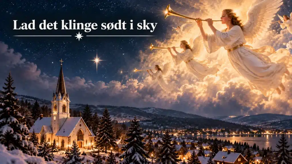 Engle spiller trompeter over en sneklædt juleby under stjernehimlen