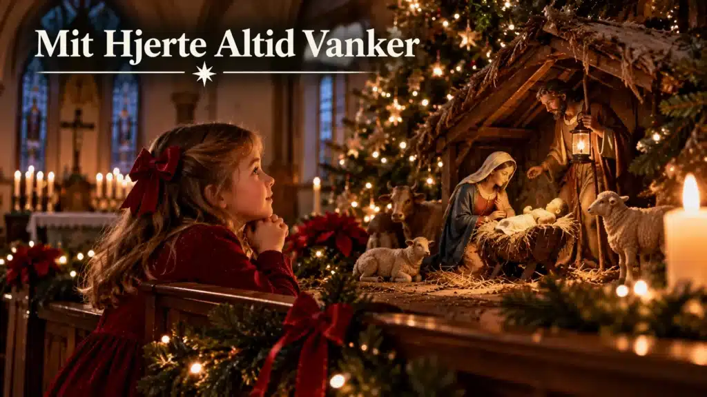 Pige betragter Jesusbarnet i krybben i en stemningsfuld julekirke