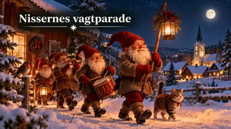 Nisser marcherer med tromme og trompet gennem en sneklædt juleby
