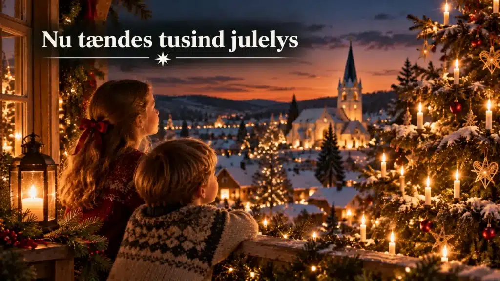 Børn ser tusind julelys skinne over en sneklædt juleby