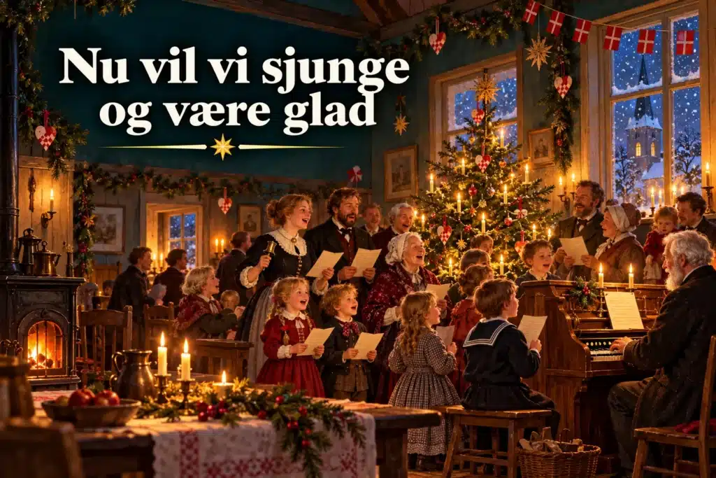 Nu vil vi sjunge og være glad – familier synger julesalmer omkring juletræet.