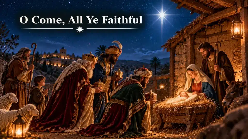De troende samles omkring Jesusbarnet i krybben under Betlehemsstjernen
