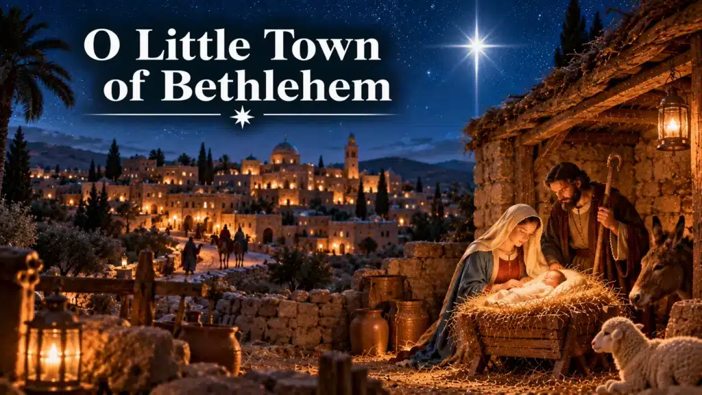 Betlehem lyser under stjernehimlen med Jesusbarnet i krybben
