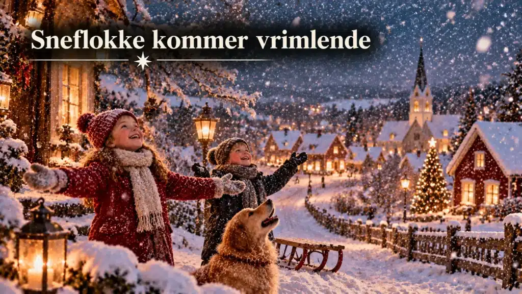 Børn leger i vrimlende sneflokke foran en hyggelig juleby