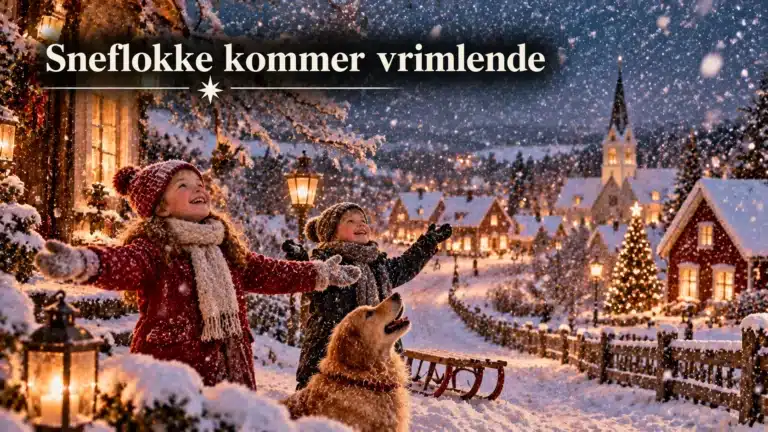 Børn leger i vrimlende sneflokke foran en hyggelig juleby