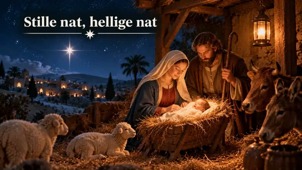Jesusbarnet hviler stille i krybben med Maria og Josef under stjernehimlen