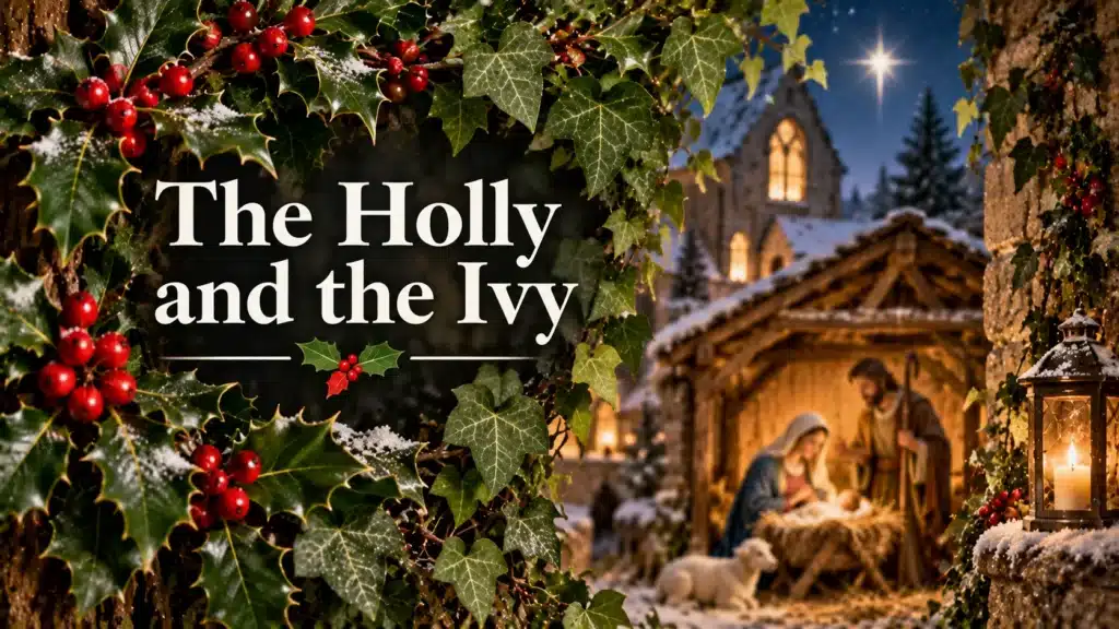 Kristtorn og vedbend omkranser julekrybben i en stemningsfuld vinternat
