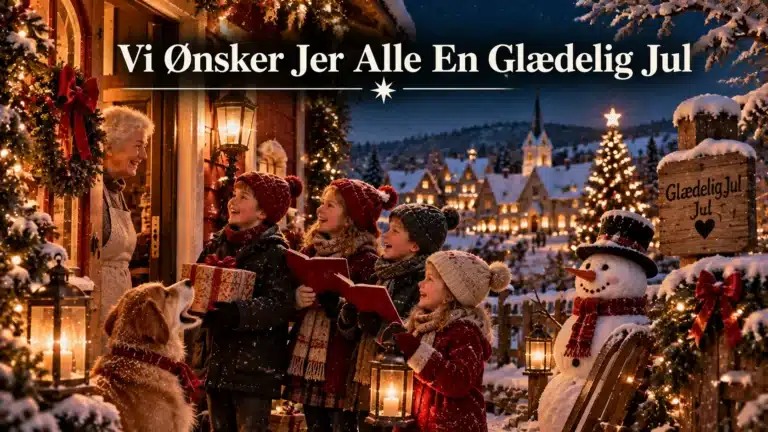 Børn ønsker glædelig jul foran et pyntet hjem i sneen